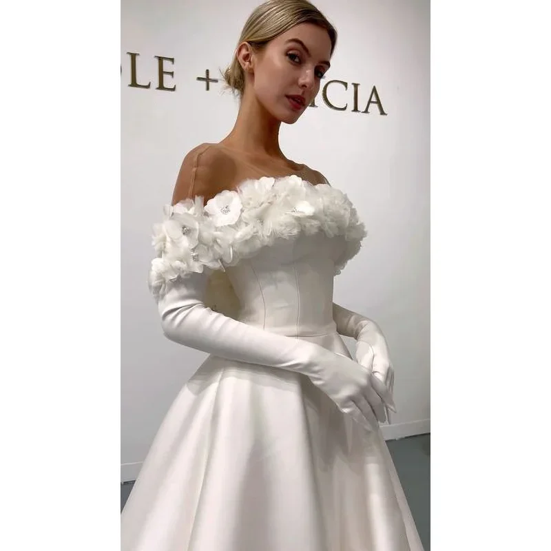 Vestido de fiesta de flores blancas, elegante, sin tirantes, drapeado hasta el tobillo, línea A, Formal, 2024