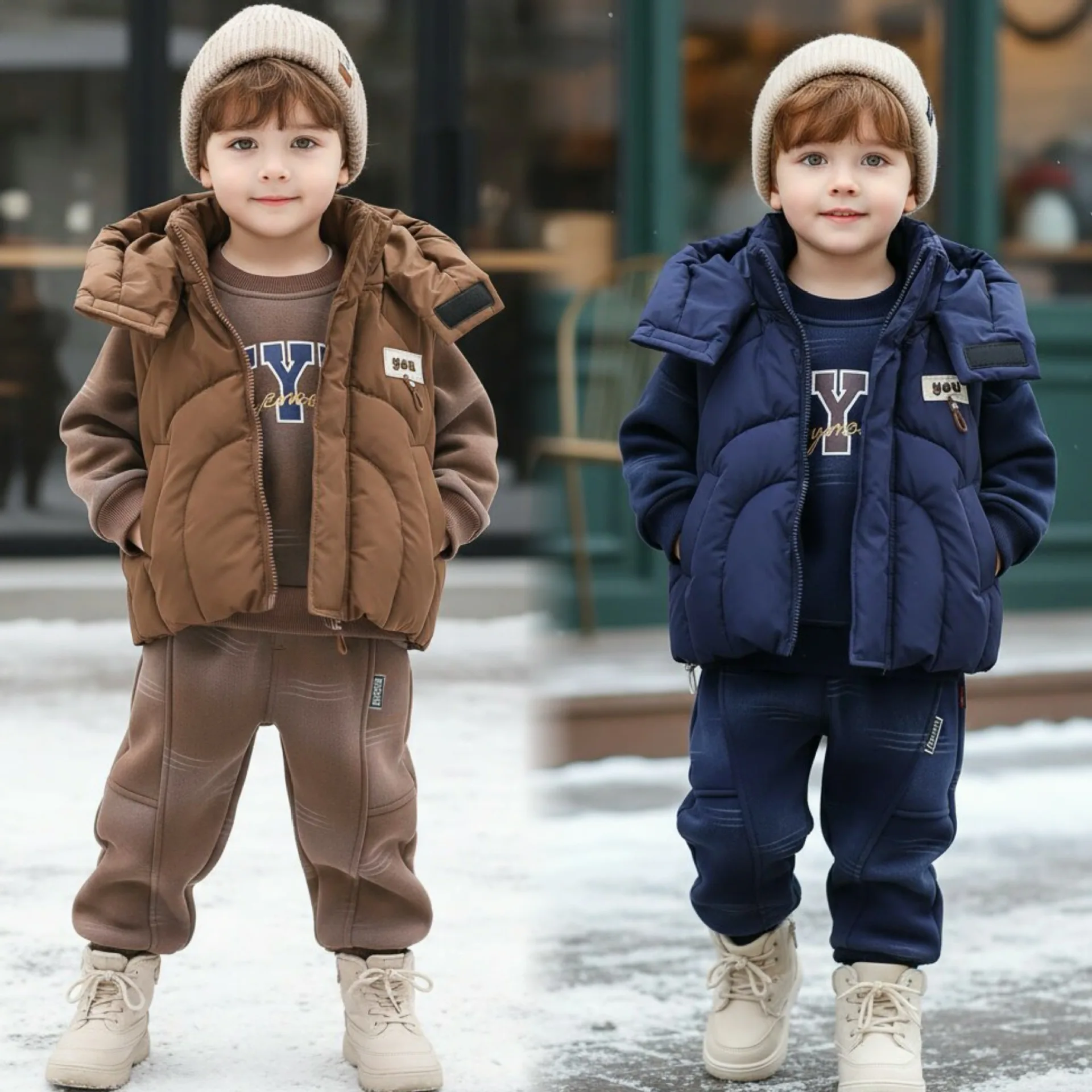Boys Warm Clothes Sets Winter Children Down Hoodies Vest Thick Velvet Sweatshirts Pants 3pcs Casual Suit For Baby Tracksuits Kid