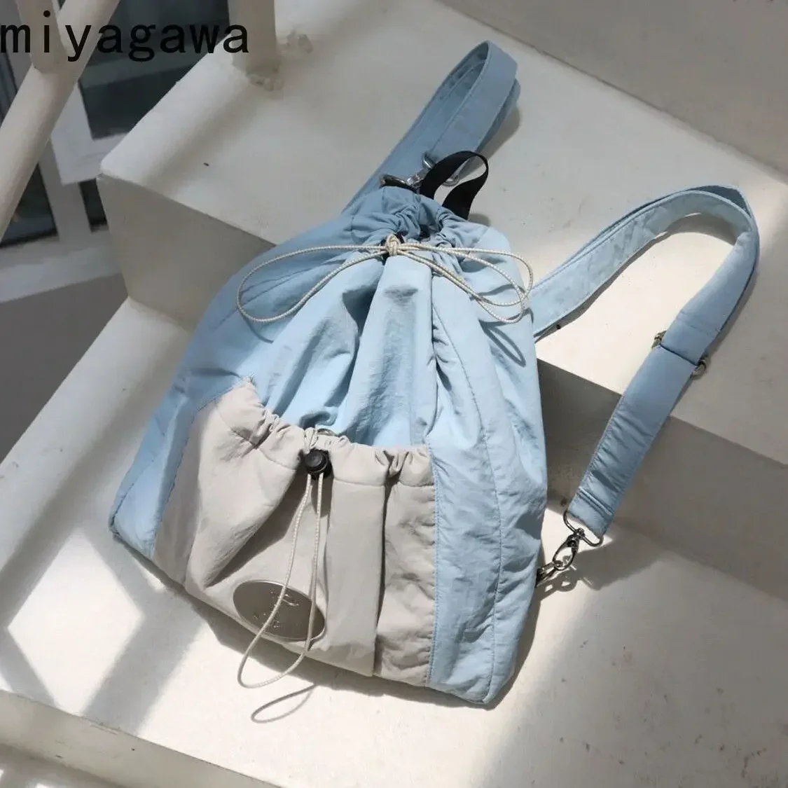 Miyagawa Blue Gray Drawstring Backpack for Women 2023 New College Students Backpack Large Capacity Oblique Straddle Backpack