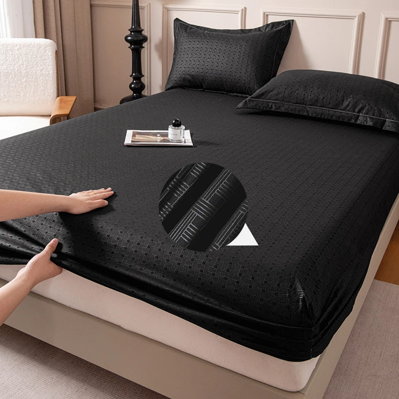 1pc Skin-friendly Embossed Bed Cover with Elastic Band Solid Brushed Sheet Single/Queen/King Fitted sheet(without pillowcase）