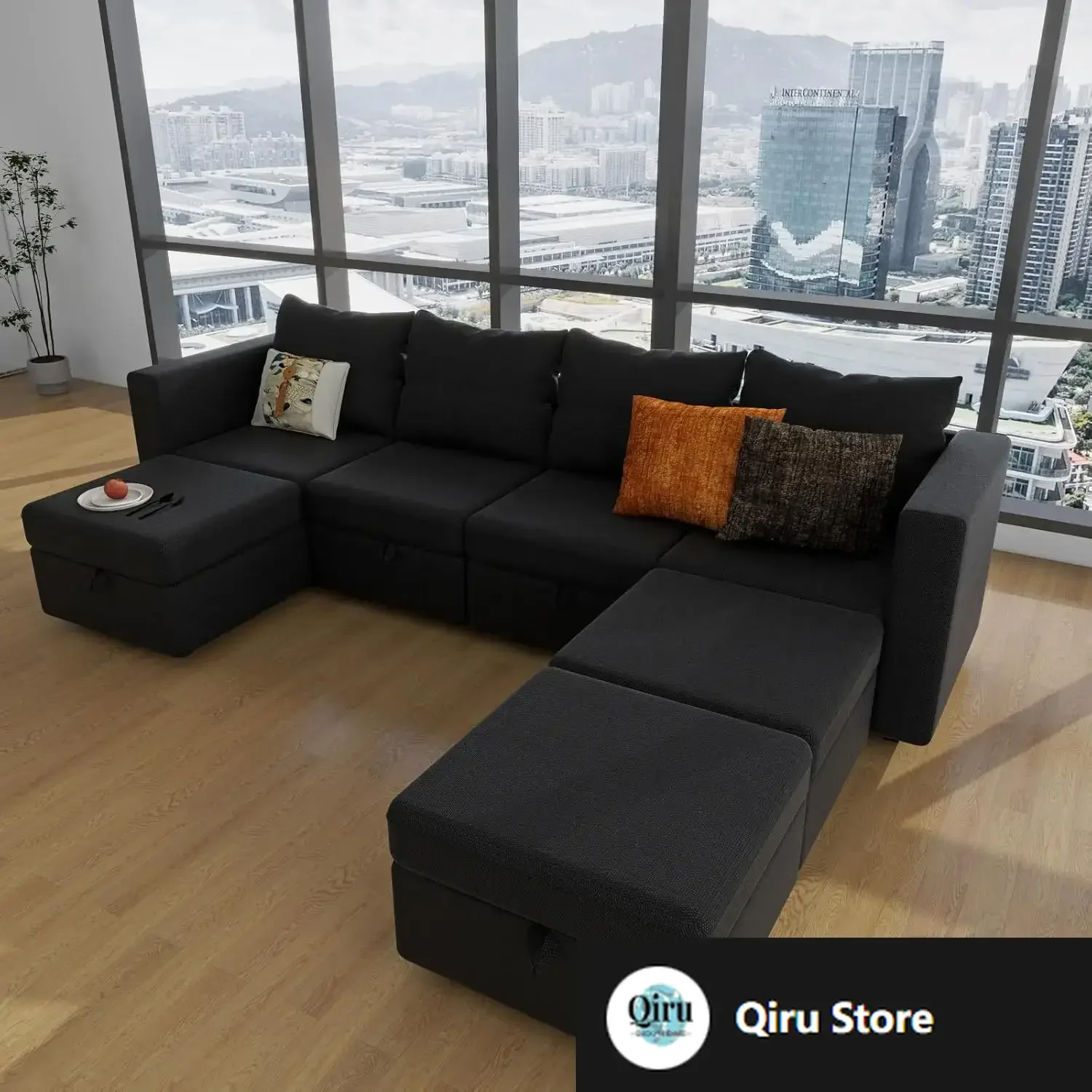 

Sectional Couches Modular Sofa with Storage Ottomans Couch Set with Storage Seat Modular Couch Sofa Polyester Black