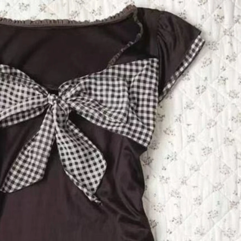 النمط الياباني مخطط البيانو تي شيرت بياقة المرأة Kawaii قصيرة الأكمام بلوزات صغيرة ملابس غير رسمية لطيف الحلو ملابس علوية من القطن 2025 جديد #5