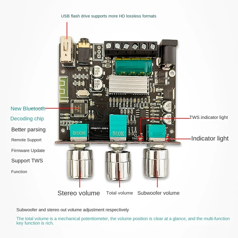 Módulo de áudio ZK-LT23 com cabo DC 2.1 canais 50Wx2 + 100W Subwoofer TWS True Wireless Audio Module