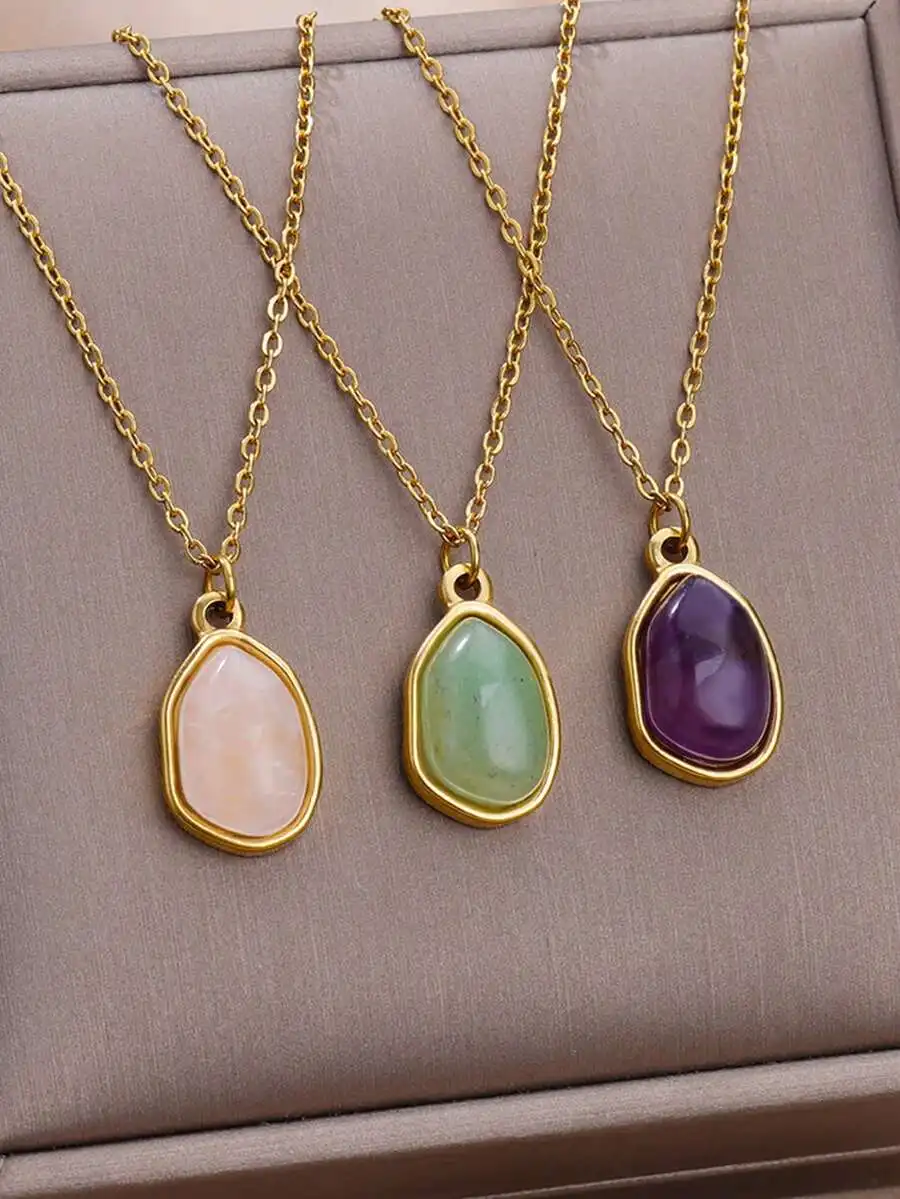 1pc Women's Asymmetrical Green Stone Pendant Necklace In Stainless Steel, European & American Style Fashion Accessory For Daily
