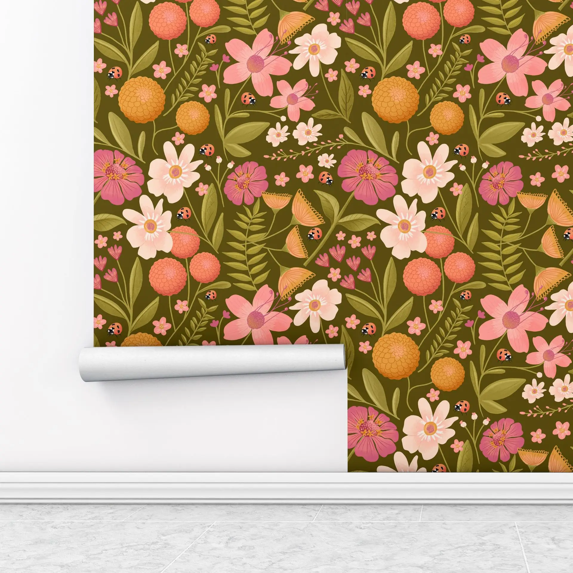 Retro Floral Ladybug Peel and Stick Wallpaper Botanical Self Adhesive Removable Contact Paper for Girls Bedroom Nursery Home