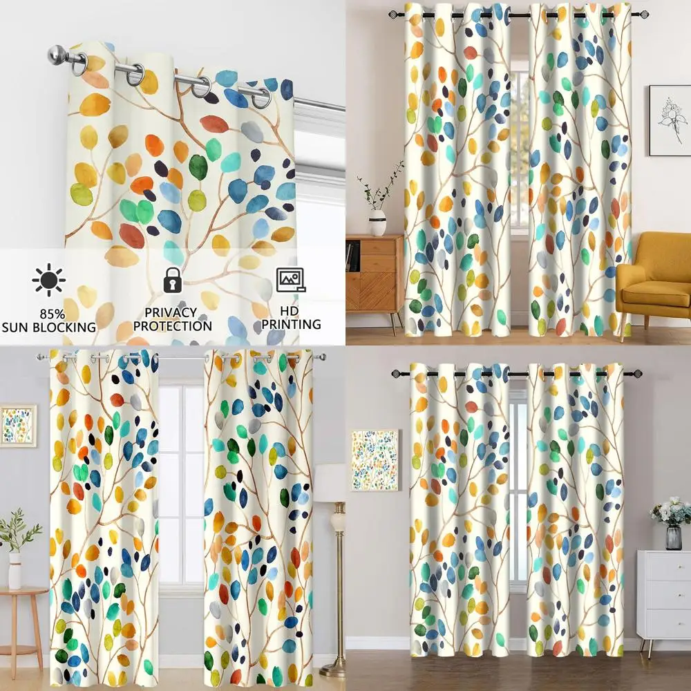 

Boho Colorful Leaf Floral Blackout Curtains, Watercolor Bohemian Flower Print Window Drapes, Living Room Bedroom Decor 2 Panels
