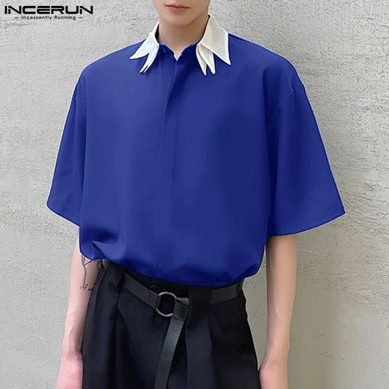 

INCERUN Tops 2024 Korean Style New Men Simple Contrast Color Dual Neck Shirts Casual Summer Patchwork Short Sleeved Shirts S-5XL