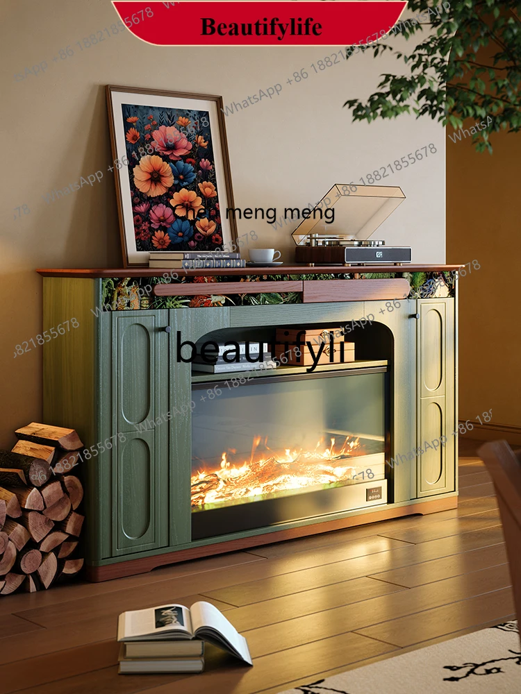 D178 French Retro Solid Wood Fireplace Cabinet for Home Living Room American Style Electronic Simulated Flame Fireplace Decorati