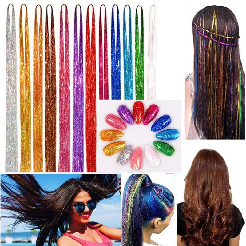 8pack (1200-1800Roots) 37inch Sparkle Colorful Tinsel Hair PET Laser Hair Silk Extensions Rainbow Girl Headwear Glitter Strips