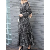 Printemps été femme solide à manches longues col rond tenue décontractée femmes bohème robe longue femme musulmane Maxi robes 5