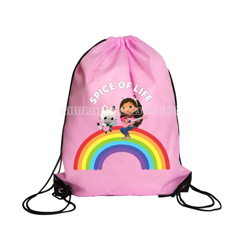 Gabby Dollhouse Drawstring Pockets Girl Cute Cartoon String Bags Clothes Shoes Storage Waterproof Packaging Pocket Pink Backpack