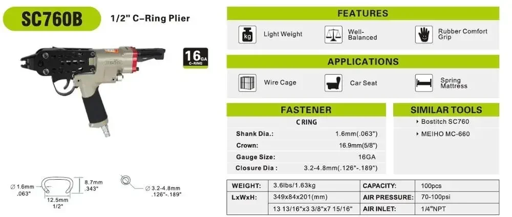 Meite Sc760b Air Nailer C Ring Crown 16.9mm Applied Wire Cage Or Car Seat Or Spring Mattress Made In China Hog Ring PlierHot Sal