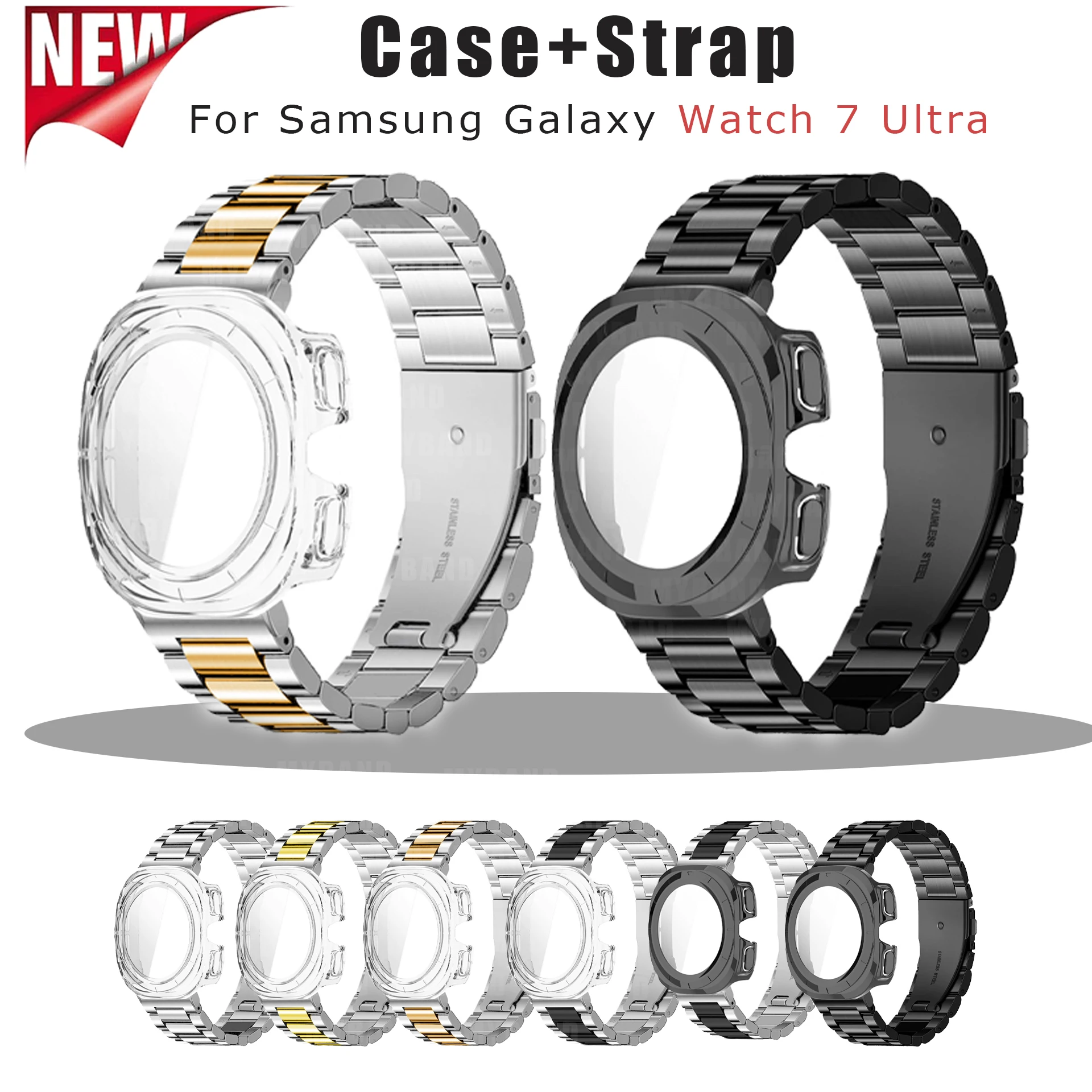 Pop For Samsung Galaxy Watch 7 Ultra Case Strap Protective Bumper Cover Protector Smart Watch Stainless Steel Metal Band