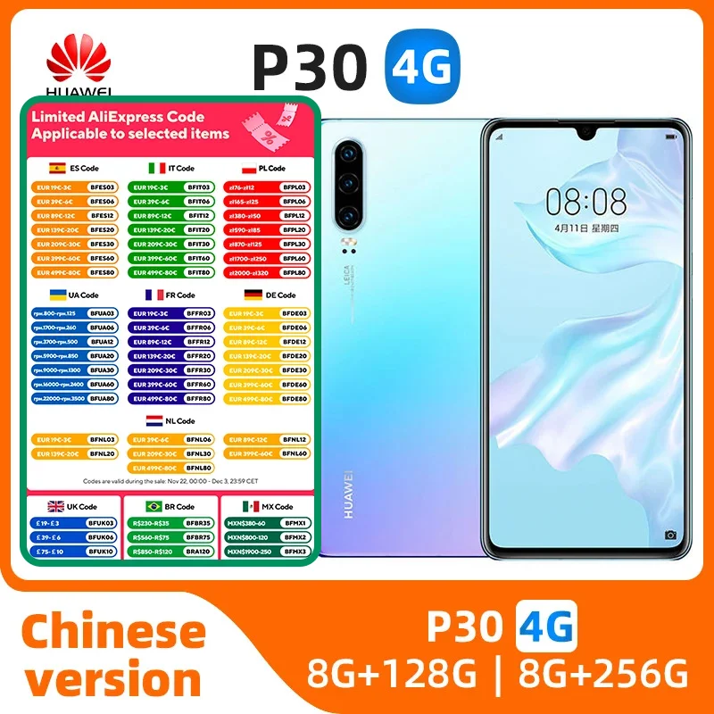 HUAWEI P30 Mobile phones 6.1 inch 40MP+32MP Camera 8GB RAM 128GB ROM Smartphone Android 4G Network NFC Google Play used phone