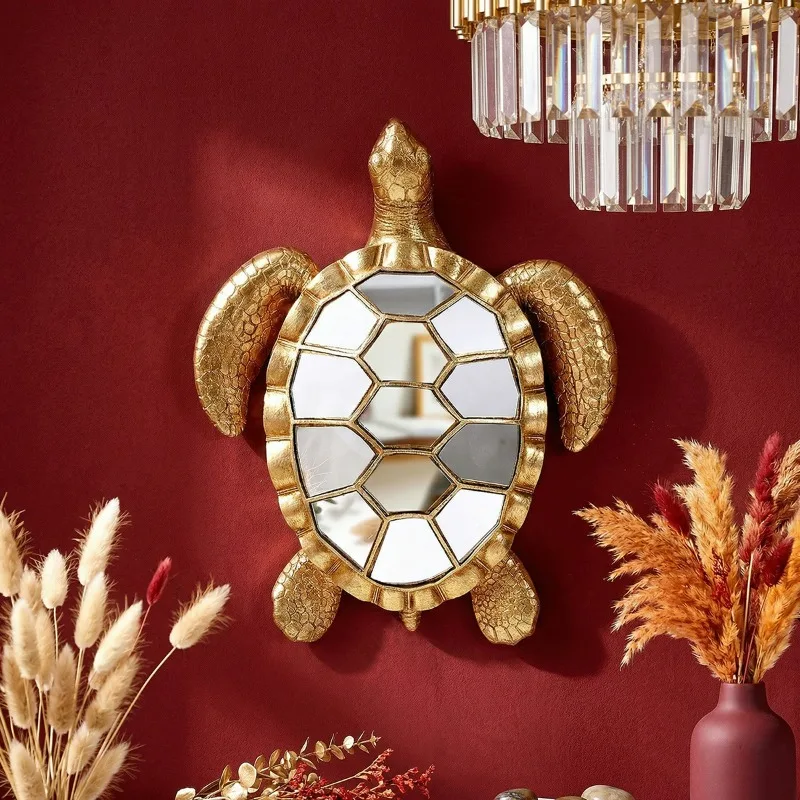 Creative Golden Resin Turtle Statue Wall Decoration Seiko Production Inlaid Mirror Glass Decoration Crafts Wall Accents