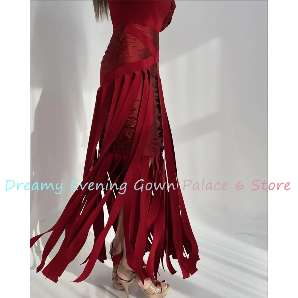 Customized Fashion Jersey Straight Tassel Evening Dress High Quality Floor Length Long Sleeves платье вечернее Custom Size