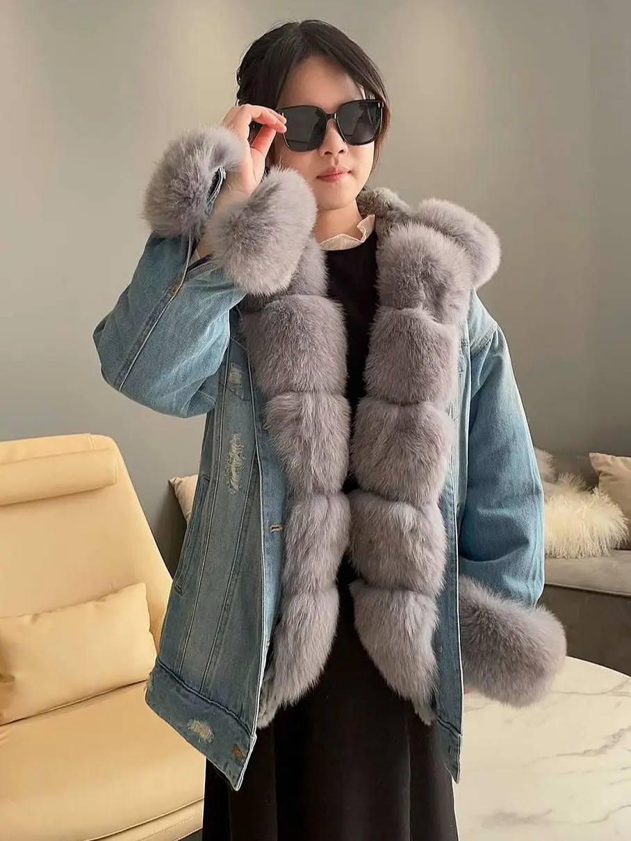 JANEFUR Rabbit Fur Lined Parka with Real Fox Fur 2023 Fashion Thick Warm Denim Winter Outerwears