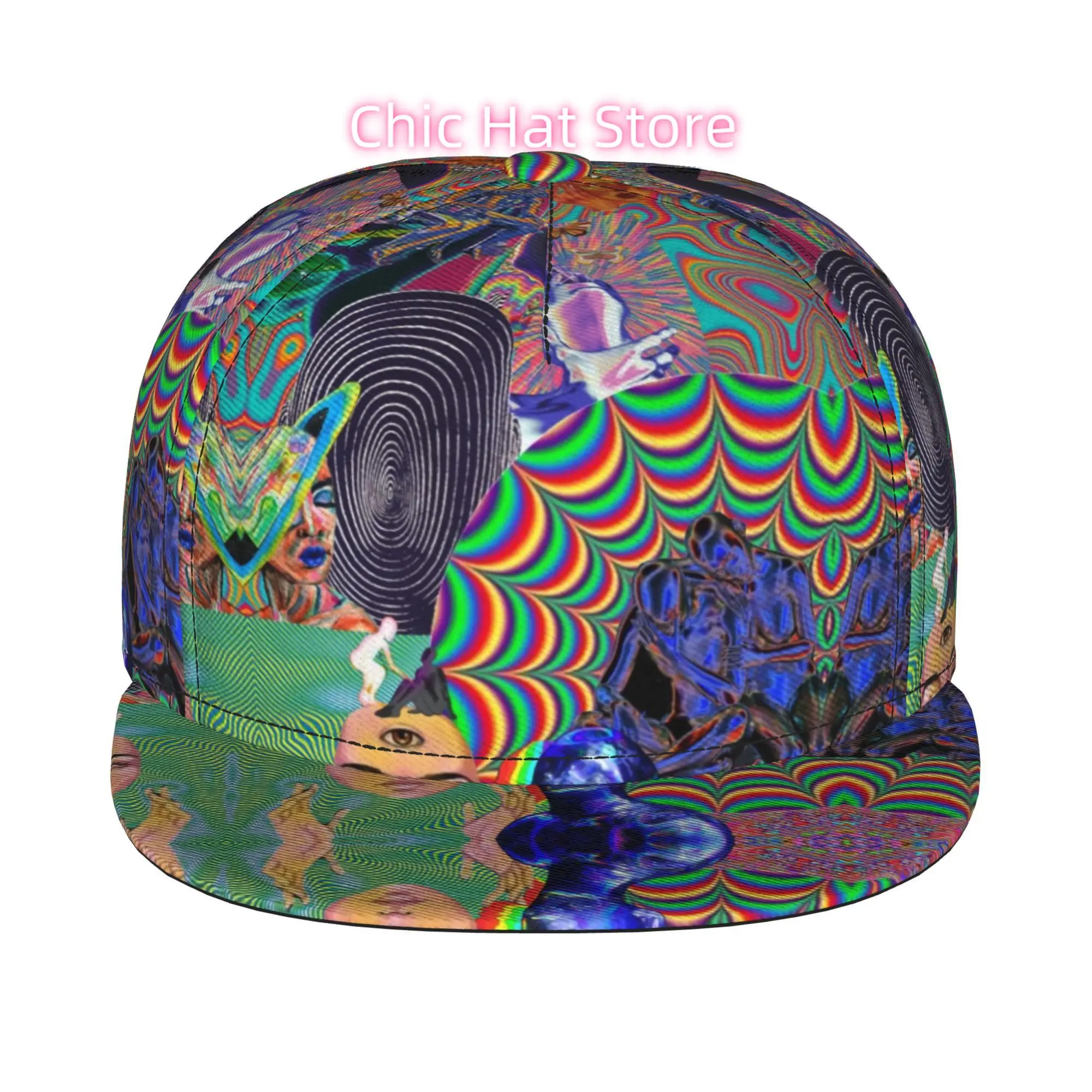 1pc Psychedelic Collage of Figures Fully Printed Hip-Hop Caps, Baseball Caps, Stylish Flat-Brimmed Baseball Caps, Sports Outdoor