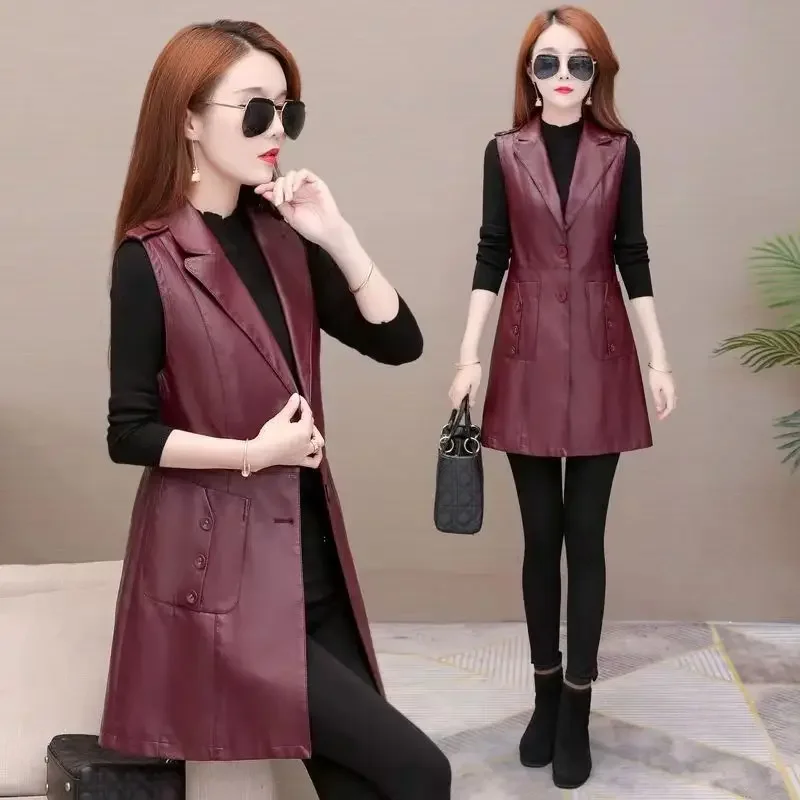 Faux purple Leather Vest Women\'s Clothing 2023 PU Jacket Korean Solid Sleeveless Vest Mid Long Coat Female Waistcoat Outerwear