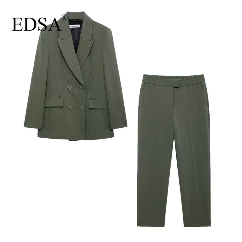 EDSA Women 2 Pcs Pants Set Double Breasted Blazer with Flap Pockets & High Waist Straight Trousers for Office Lady Solid Color