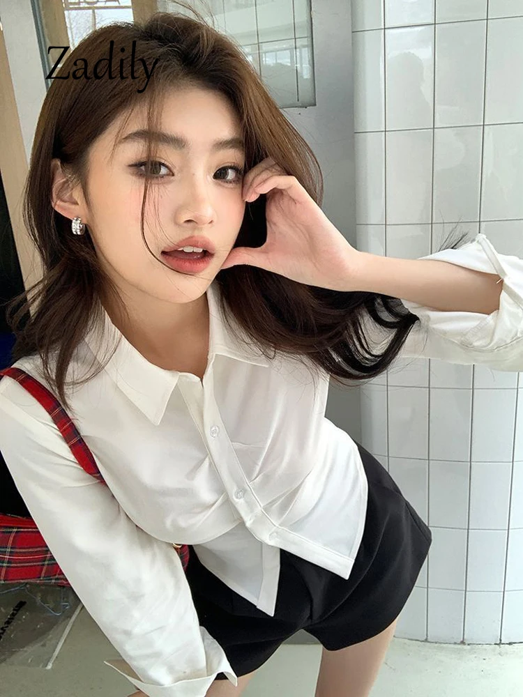 Zadily 2024 Spring Office Lady Women White Short Shirt Korea Style Long Sleeve Button Up Slim Work Blouse Woman Clothing Tops