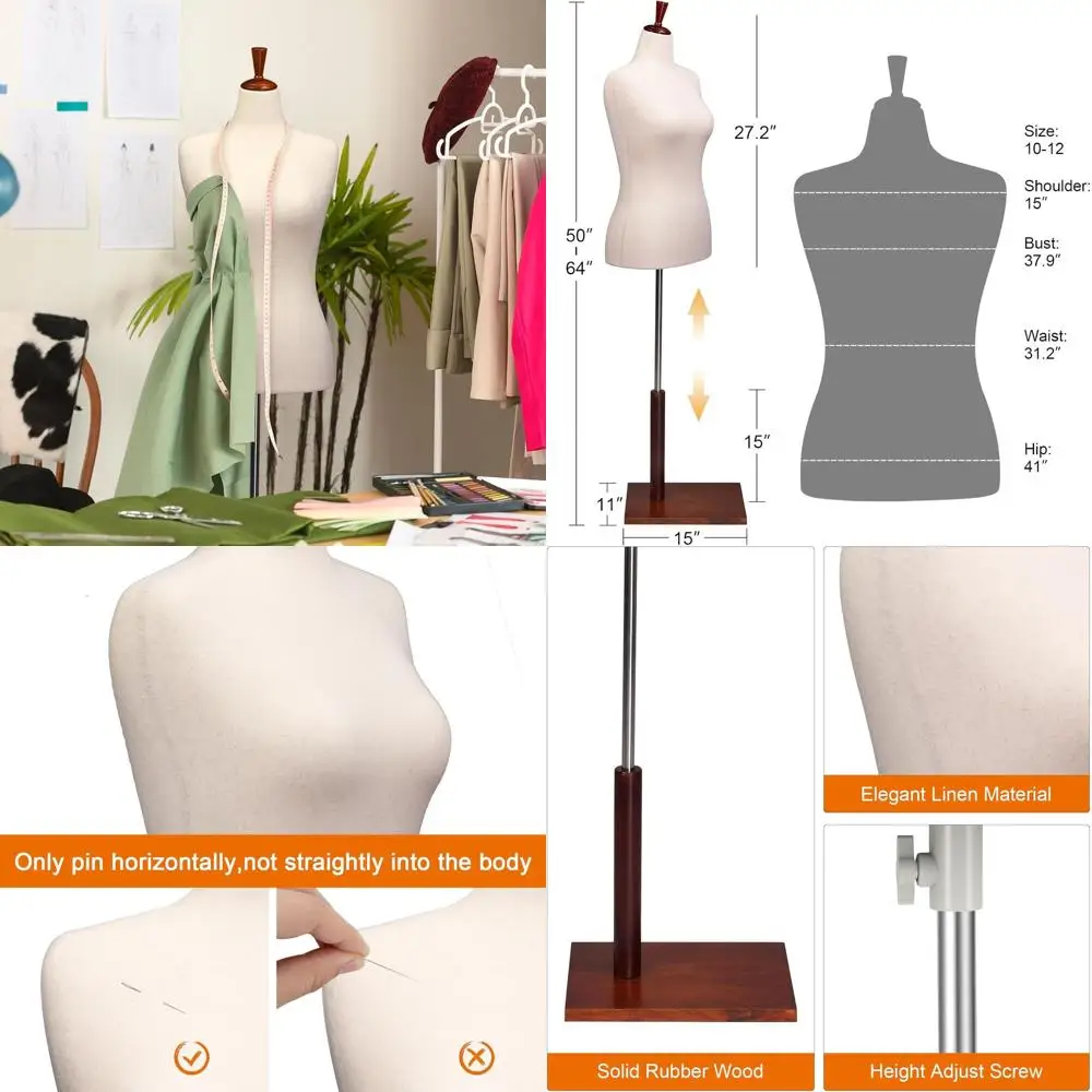 

Adjustable Wooden Stand Female Dress Form for Design, Pinnable Mannequin (White, Size 10-12)