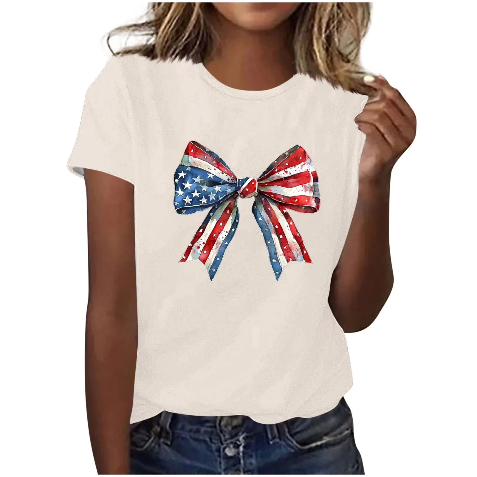 Plus Size Women Casual T Shirt Vintage Watercolor American Flag Bow Print Regular Round Neck Short Sleeve Tee Soft Fabric Summer Holiday Gathering Street & Party Wear