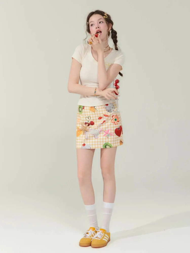 2025 Summer Fruit Printed Y2k Skirt Women Yellow High Waist Slim Fit Mini Skirts Hotsweet Street Falda Aesthetic