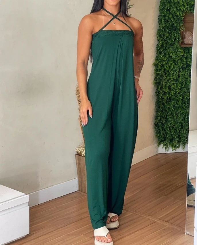 Women's Criss Cross Bandeau Sleeveless Ruched Jumpsuit Daily Clothing Temperament Commuting Plain Womens Casual Wide Leg Romper