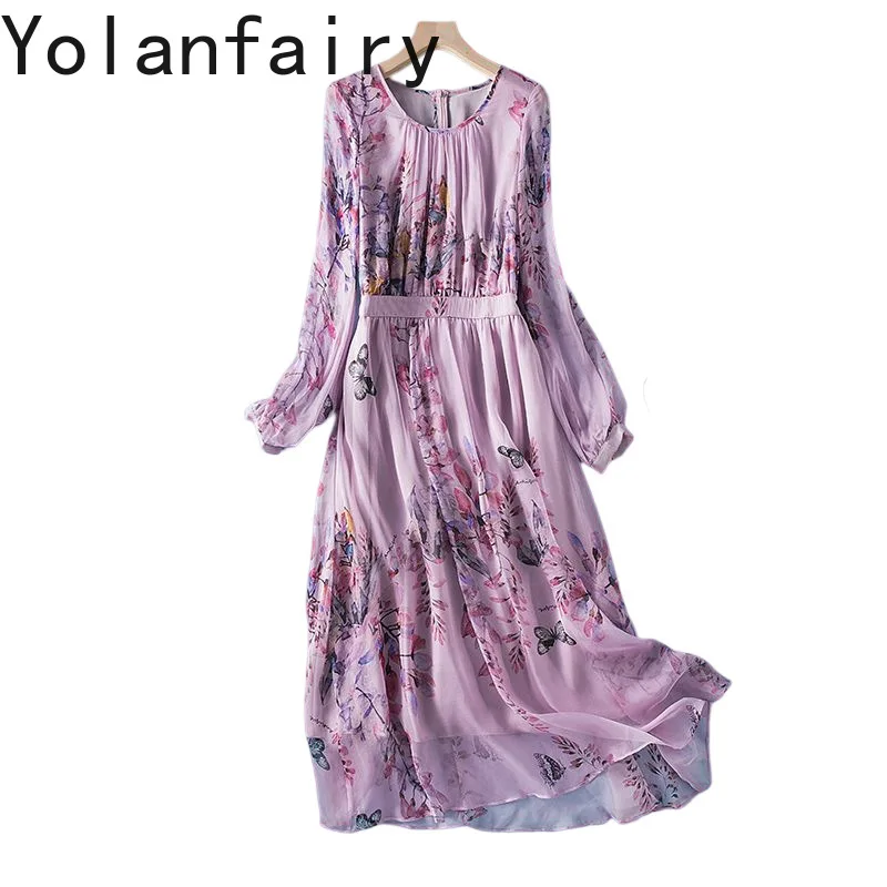 YOLANFAIRY 100% Real Mulberry Silk Dress Summer 2026 Fashion Floral Dress Elegant Long Sleeve Dresses Women Blue Dress Vestidos