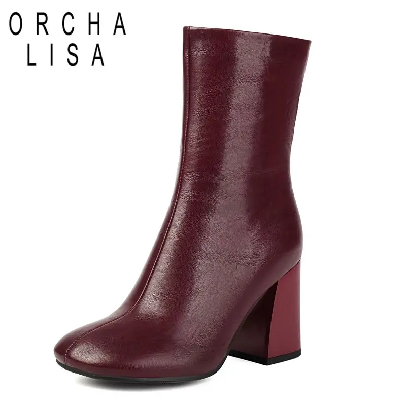 ORCHA LISA Hot Apricot Mid Calf Boots Women Round Toe 8.3cm Block Heels Side Zipper Plus Size 44 45 46 Soft Simplicity Autumn