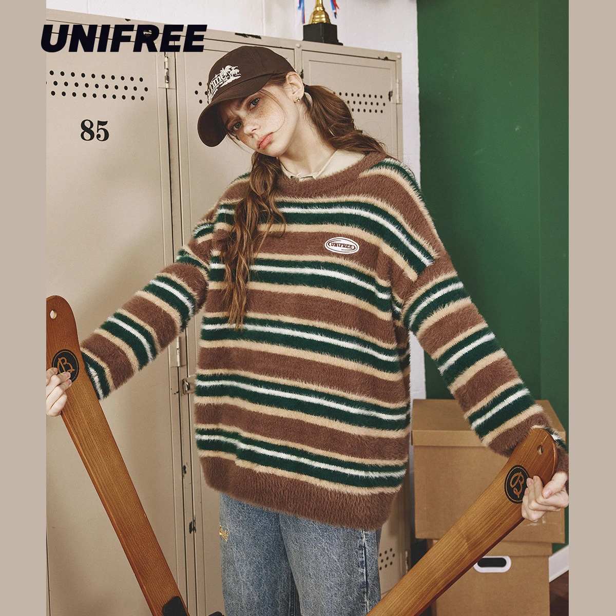 

UNIFREEE Vintage Striped Sweaters for Women Autumn Winter Casual Loose Long Sleeve Knitted Pullovers Hip Hop Sweater Tops