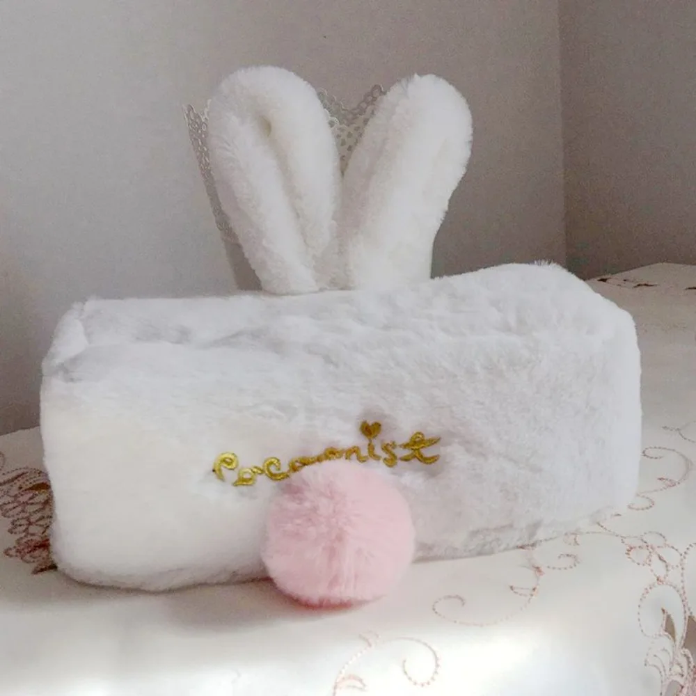 1pc Tissue Cover Cute Pink Plush Rabbit Tissues Storage Box Home Decoration Toilet Paper Holder Napkin Case