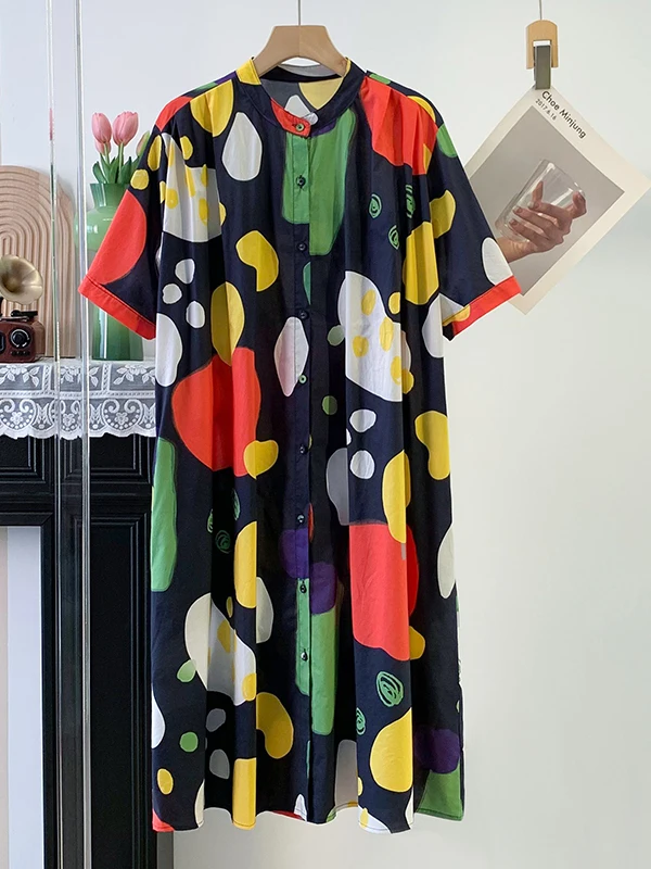 

High Quality Casual Loose Long Sleeveless Stand Collar Buttoned Cardigan Women's plus Size Shirt Printed round Dot Korean Style