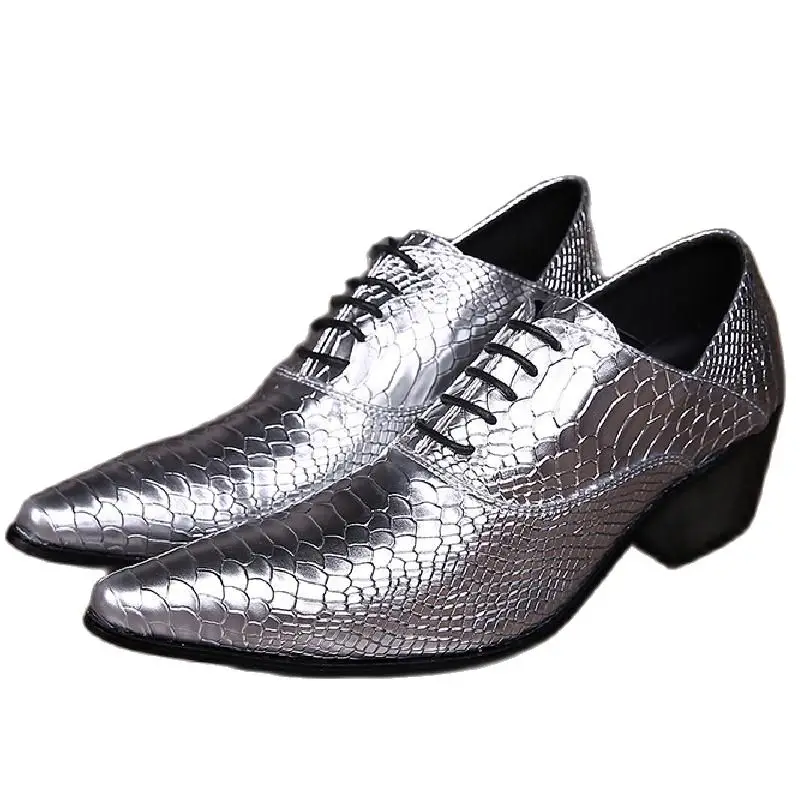 

Silver Height Increase Wedding Shoes Golden Patent Leather Dress Shoes Men Luxury Nightclub Bar Work Party Shoes Oxfords Heels