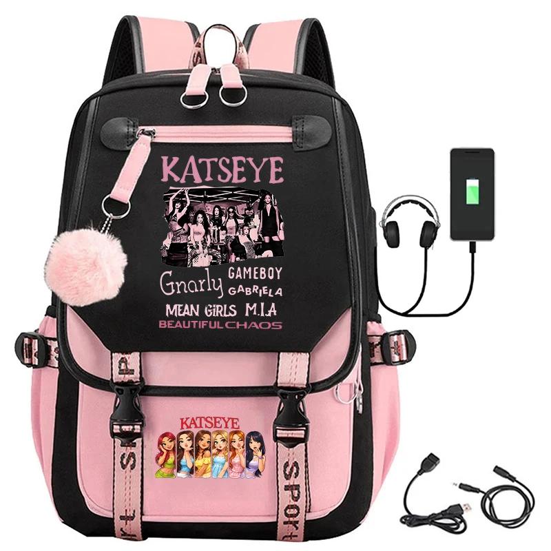 KATSEYE Print School Bags for Teenage Girls USB Charging School Backpacks Katseye Fans Gift Travel Bagpacks Laptop Bag Mochila