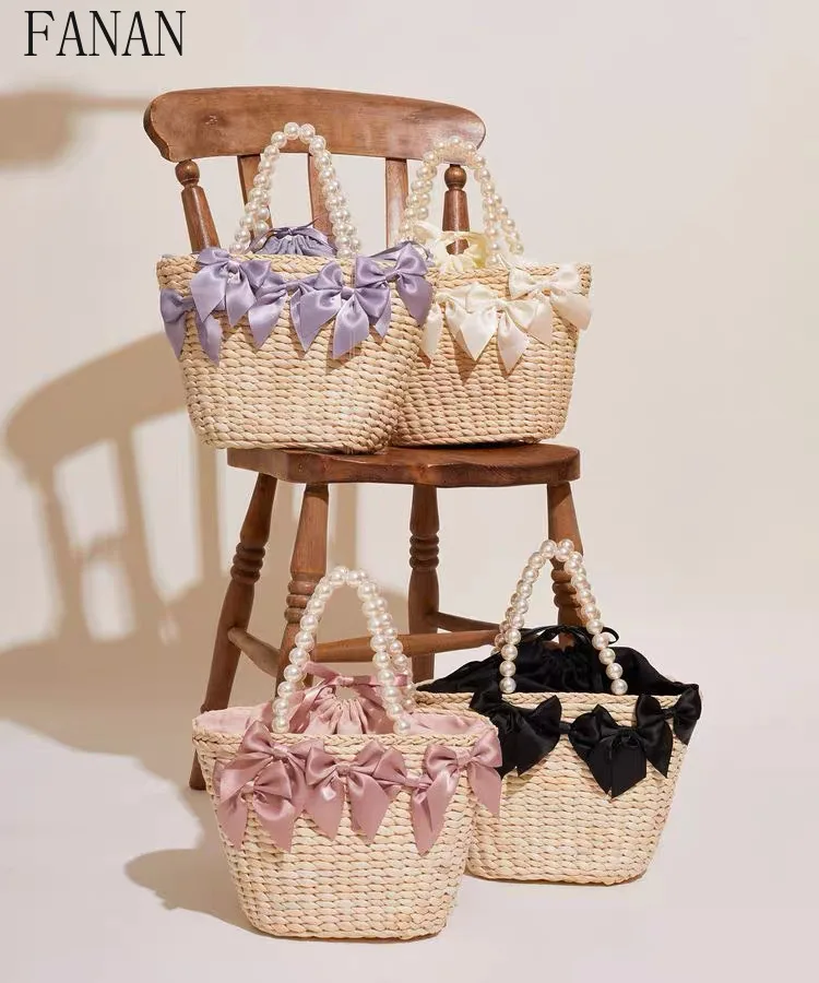 

Japanese Woven Handbag Pearl Handle Cute Bow Lady Top-Handle Bags Kawaii Elegant Women's Handbags 2025 New Lolita Style