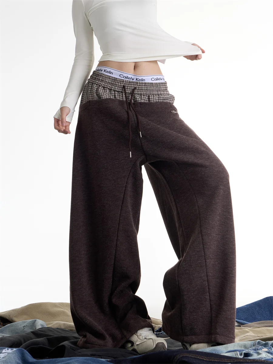 

Onlpp American Retro Plaid Splicing Drawstring Wide Leg Sweatpants Women Loose Straight Floor Length Drapey Casual Trousers