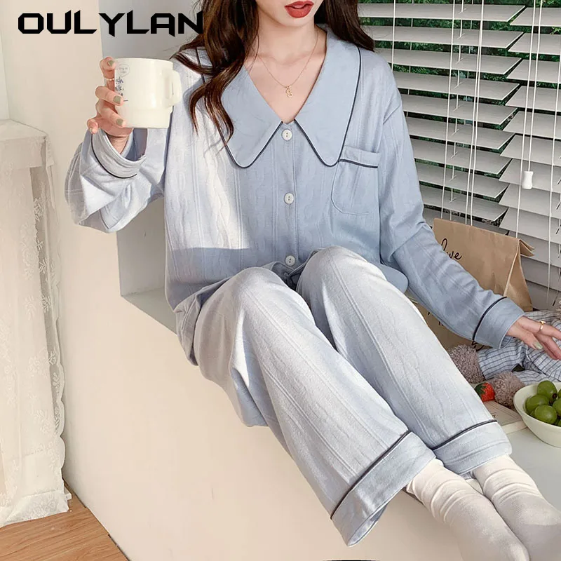 Spring Autumn Thin Women Pajamas Cotton Home Suit Set Femlae High-end Embroidery Long Sleeves Pants Sets Outerwear OULYLAN