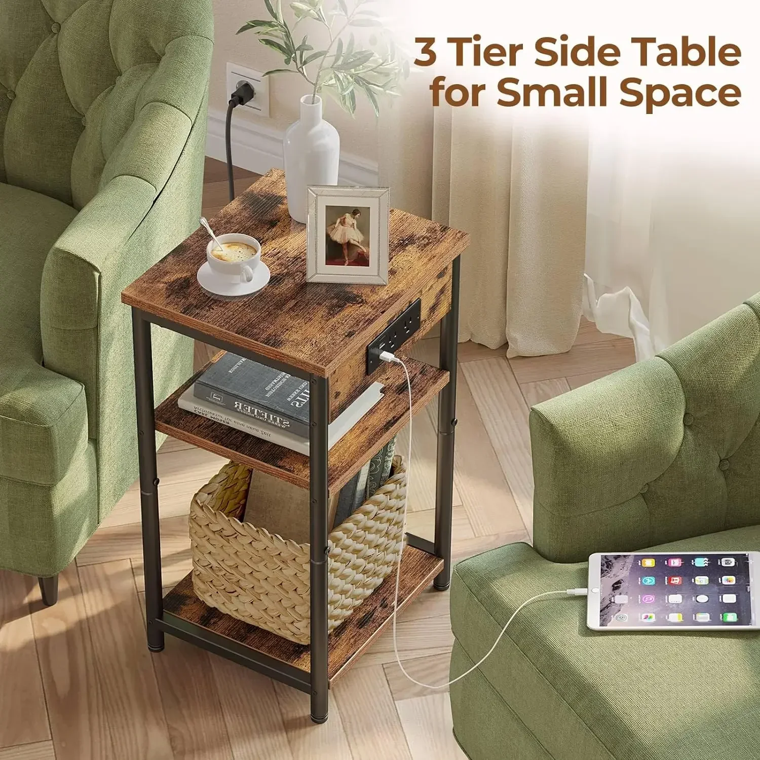 

End Table with Charging Station, Nightstand with 3 Storage Shelves, Narrow Side Table with USB Ports & Power Outlets,