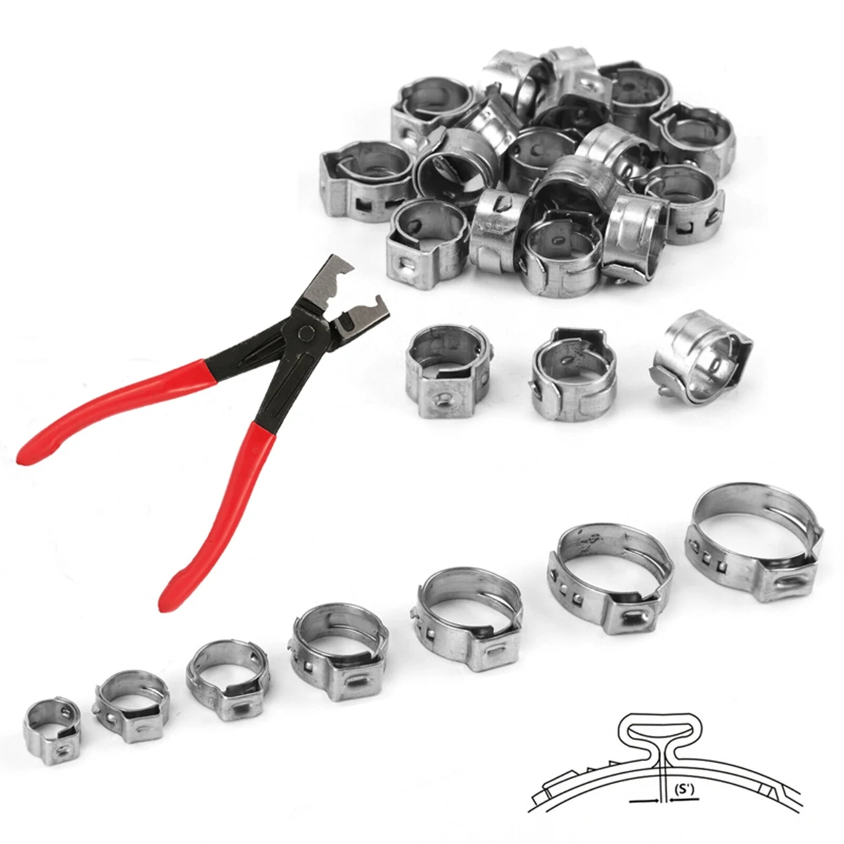 N10R-130Pcs Single Ear Stepless Hose Clamps Set 7-21Mm 304 Stainless Steel Hose Clamps With Hose Clip Clamp Pliers