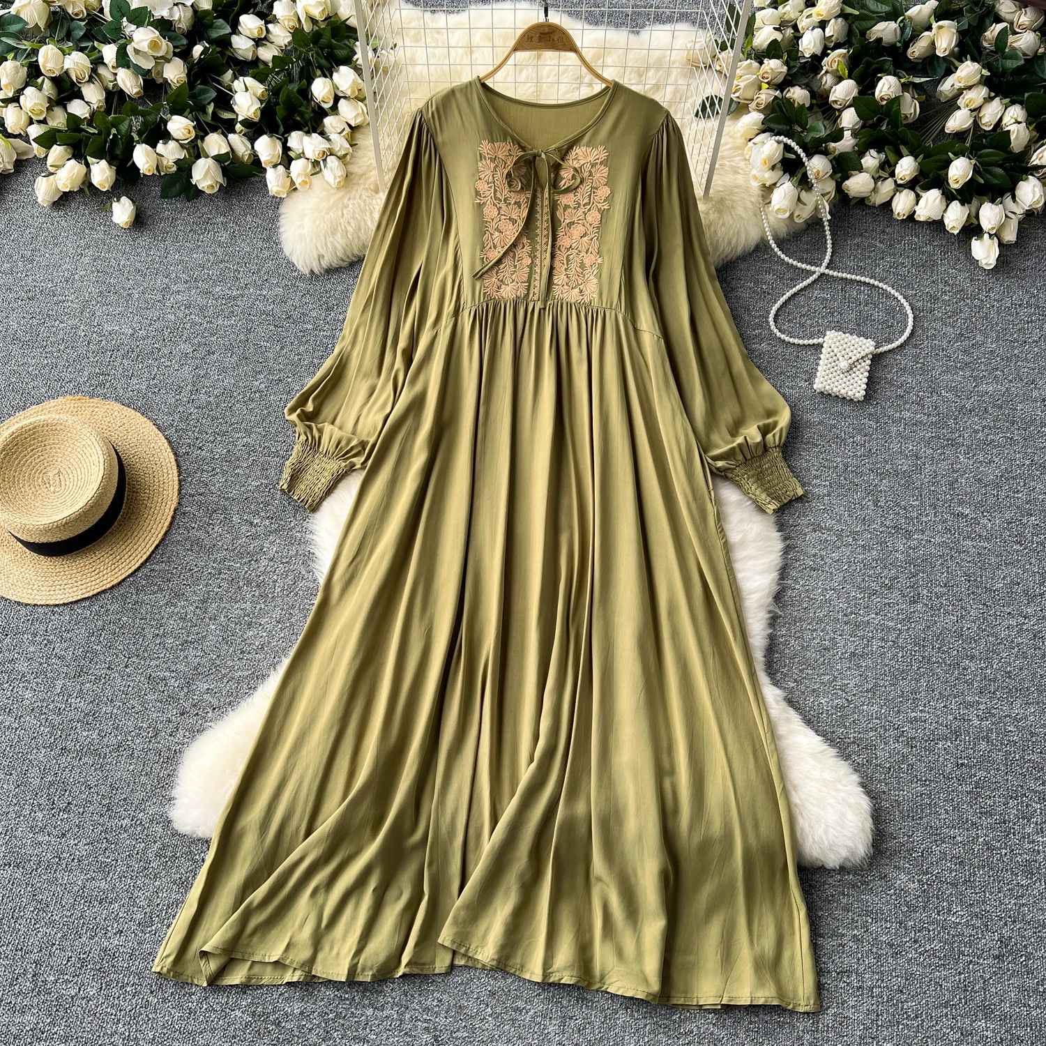 Retro embroidery loose lace-up o neck Lantern Sleeve summer Dress A-line Vacation print Women Elegant sweet dresses
