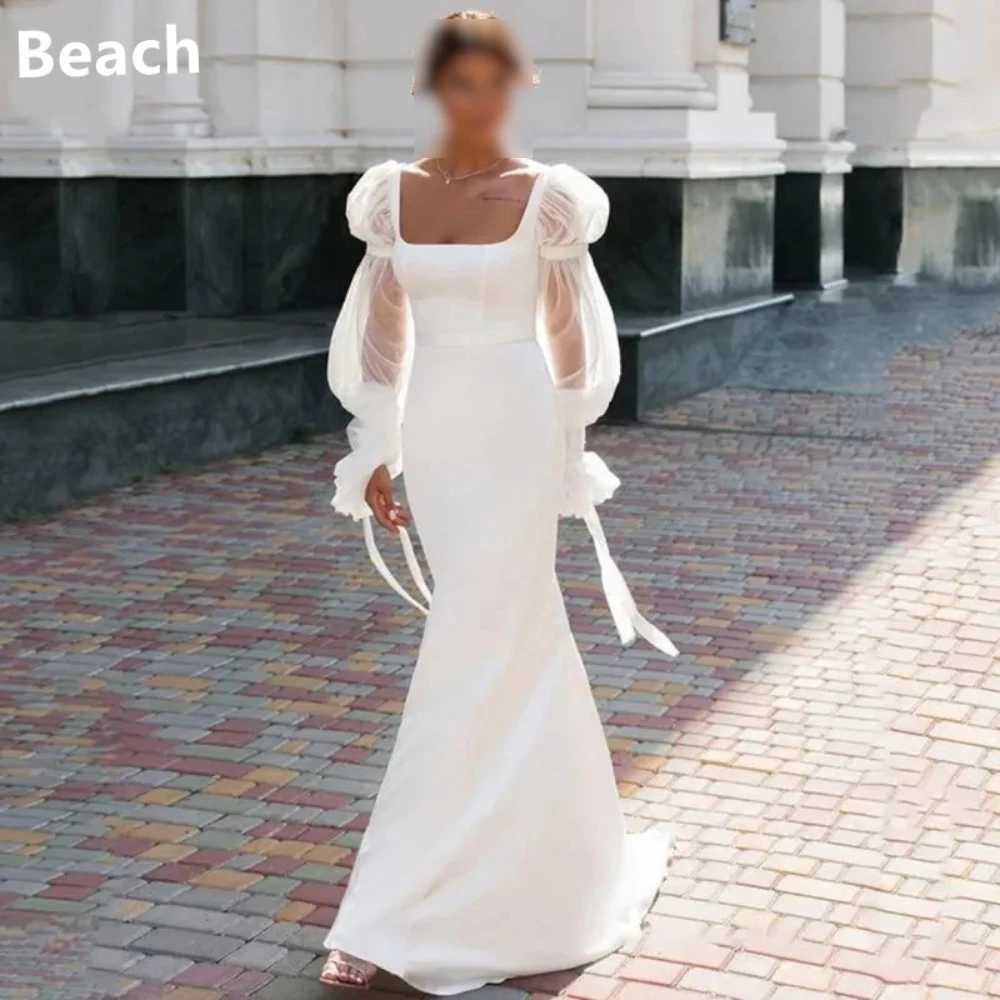 ชายหาดที่กําหนดเองชุดแต่งงาน Mermaid Square คอยาวพัฟแขนซาตินชุดเจ้าสาวเปิด Backless Brides Dress PLUS ขนาด