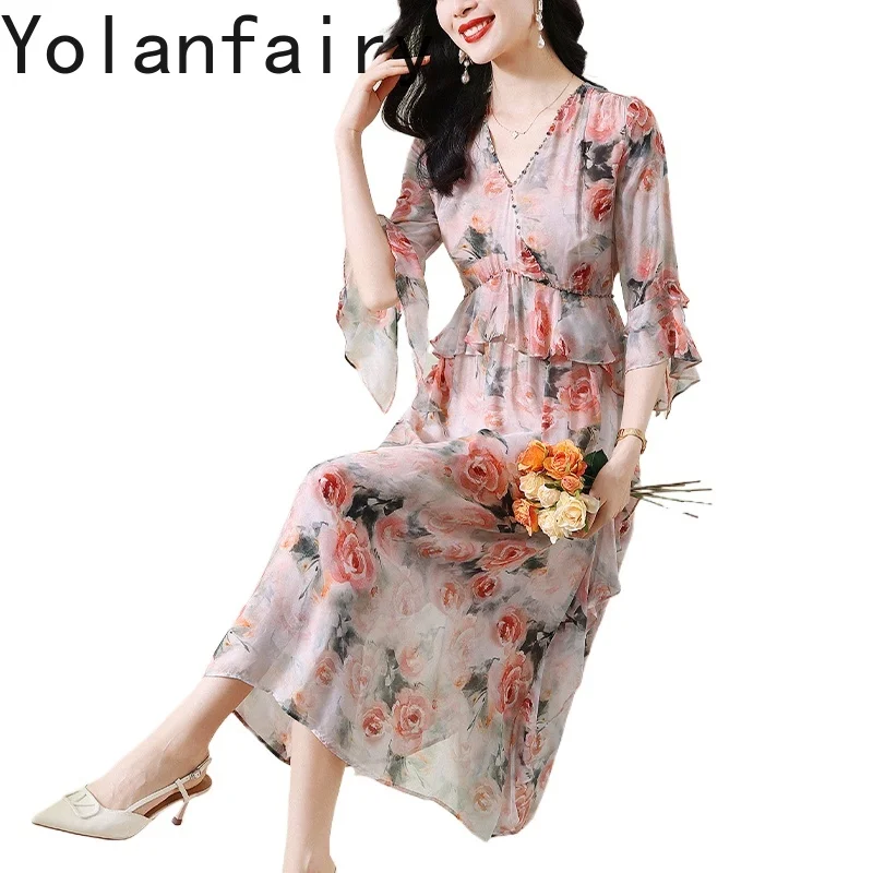 

YOLANFAIRY Early Autumn 100% Real Mulberry Silk Dresses for Woman Elegant Ruffled Floral Dress Vacation-style Bellflower Dress