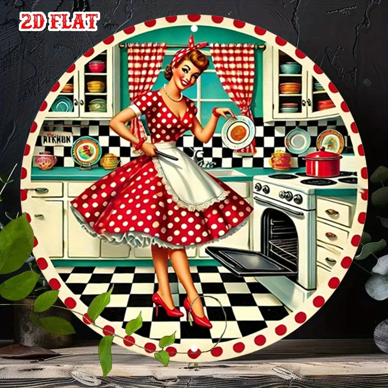 2D Flat, 2D Flat 1pc Diner Style Round Aluminum Sign, Bold Design Metal Tin Sign, Glamorous Woman 7.87X7.87 Round Aluminum Sign