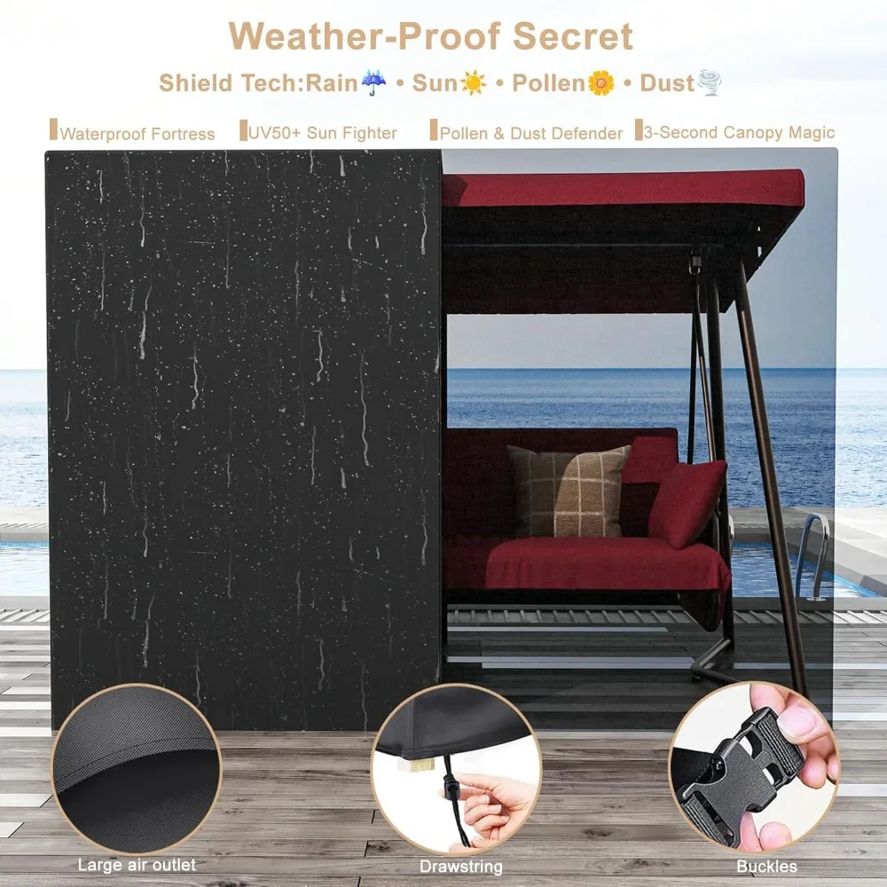 3-4 Person Oversized Outdoor Porch Swing with Adjustable Backrest Canopy,2-in-1 Swing Bed 800 lbs Capacity,Patio Swing with Remo