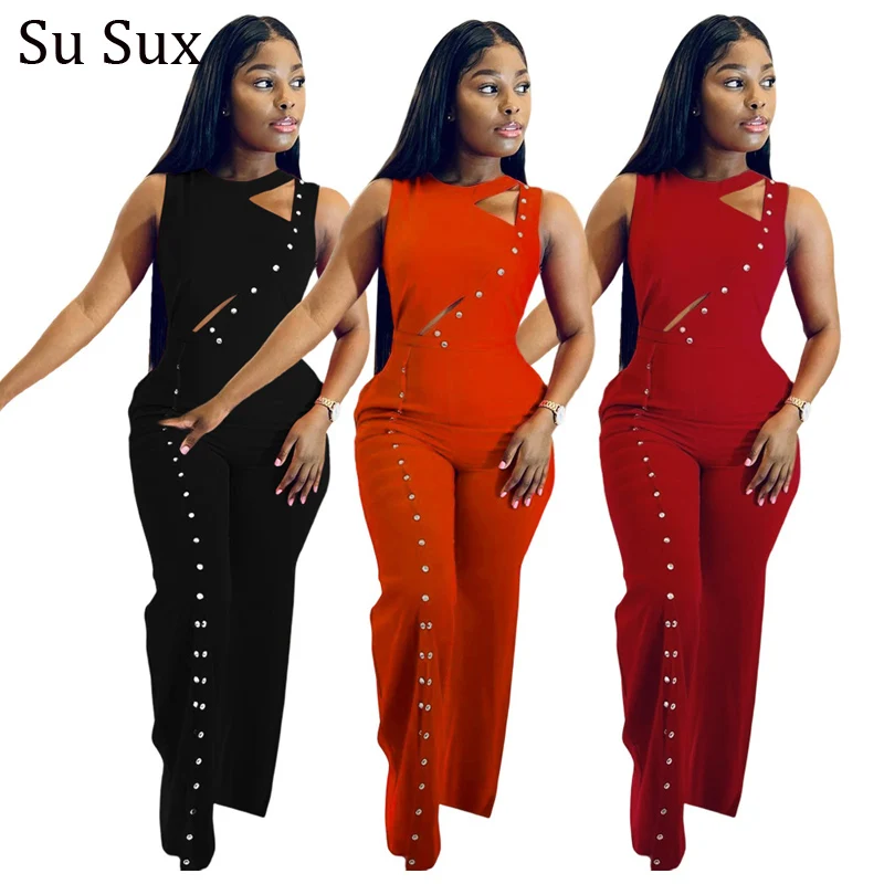 Sleeveless Jumpsuits Women 2023 Summer Rompers Solid Hollow Out High Waist Split Jumpsuit Vestidos Overalls Streetwear