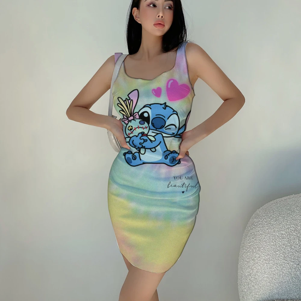 2024 New Winnie the Pooh Cartoon Pattern Print Dress Summer Comfortable Casual Dress Slim Tight Fashion Sleeveless Short Dress