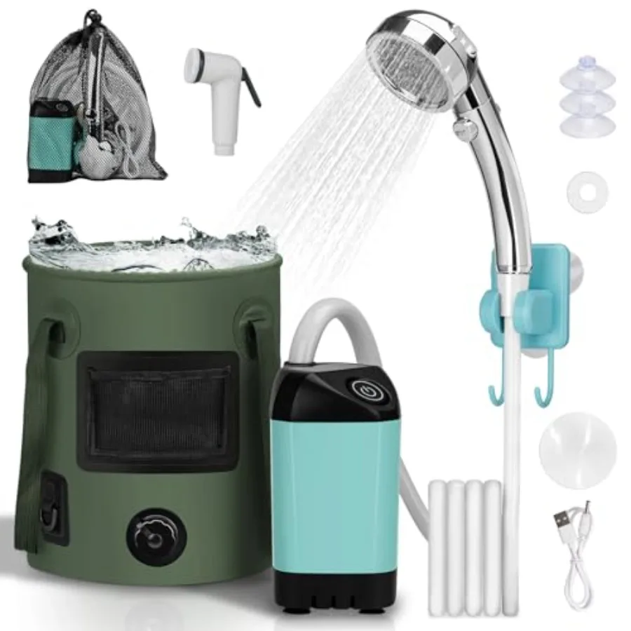 

Portable Camping Shower, Pop Up Privacy Tent with LED Lights, 4500mAh Rechargeable Shower Pump, Filtered Head and 7.4 Gallons F
