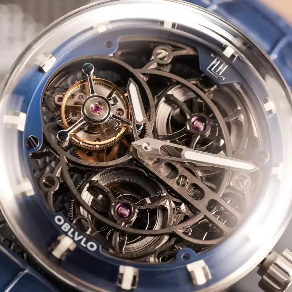 OBLVLO الرجال توربيون ساعة 42 مللي متر الفاخرة الميكانيكية ساعة اليد مضيئة 5Bar مقاوم للماء فقاعة الياقوت مرآة الجوف خارج الهاتفي